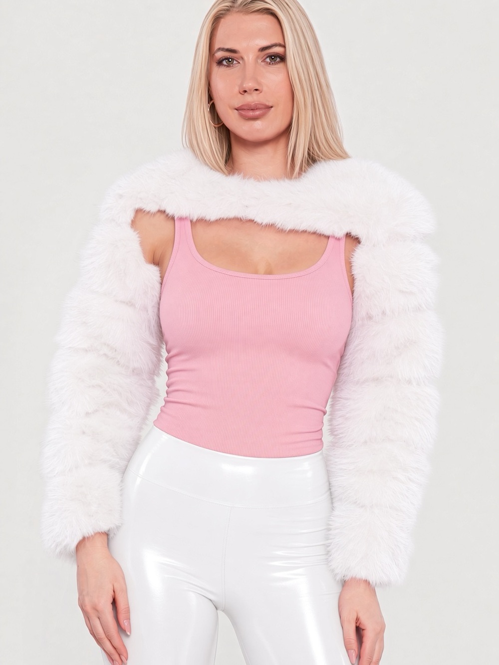 White Faux Fur Shrug Bolero Jacket Sleeves